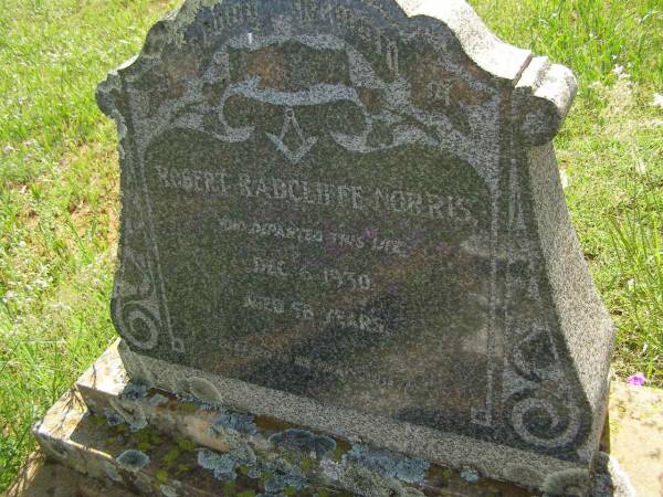 Robert Radcliffe NORRIS,  | died 6 Dec 1930 aged 58 years;  | Bell cemetery, Wambo Shire  | 