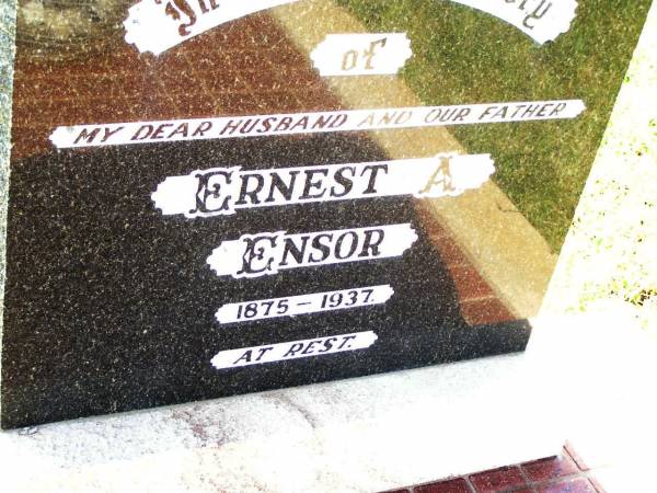Ernest A. ENSOR,  | husband father,  | 1875 - 1937;  | Bell cemetery, Wambo Shire  | 