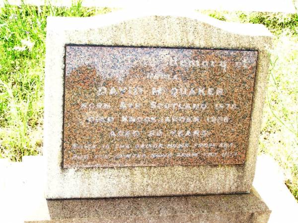 David MCQUAKER,  | born Ayr Scotland 1878,  | died Kock Jardon 1958 aged 80 years;  | Bell cemetery, Wambo Shire  | 