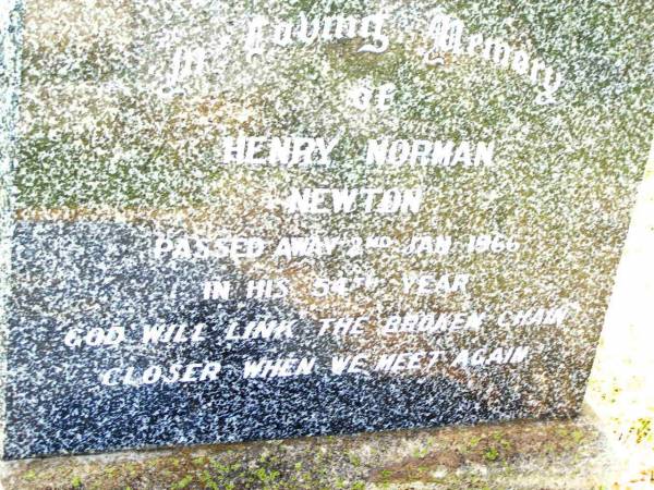 Henry Norman NEWTON,  | died 2 Jan 1966 in 54th year;  | Bell cemetery, Wambo Shire  | 