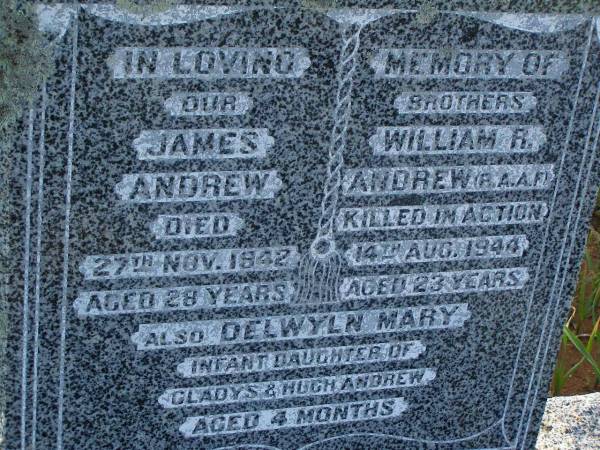 brothers;  | James ANDREW,  | died 27 Nov 1942 aged 28 years;  | William R. ANDREW,  | killed in action 14 Aug 1944 aged 23 years;  | Delwyn Mary,  | infant daughter of Gladys & Hugh Andrew,  | aged 4 months;  | Bell cemetery, Wambo Shire  |   | 
