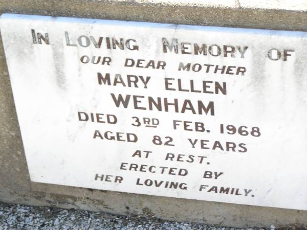 Mary Ellen WENHAM,  | mother,  | died 3 Feb 1968 aged 82 years;  | Bell cemetery, Wambo Shire  | 
