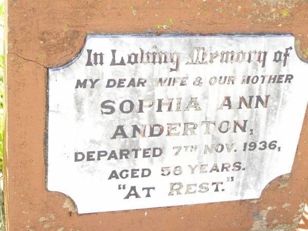 Sophia Ann ANDERTON,  | wife mother,  | died 7 Nov 1936 aged 58 years;  | Bell cemetery, Wambo Shire  | 