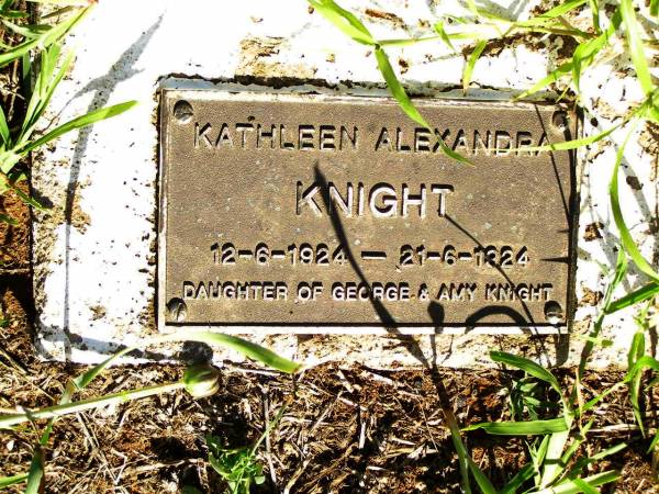 Kathleen Alexander KNIGHT,  | 12-6-1924 - 21-6-1924,  | daughter of George & Amy KNIGHT;  | Bell cemetery, Wambo Shire  | 