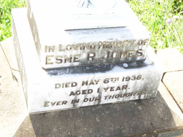 Esme R. JONES,  | died 6 May 1938 aged 1 year;  | Bell cemetery, Wambo Shire  | 