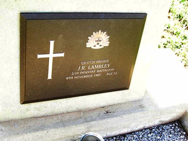 J.R. LAMBLEY,  | died 8 Nov 1983 aged 62 years;  | Bell cemetery, Wambo Shire  | 