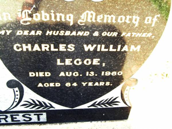 Mary Alice LEGGE,  | died 6 Nov 1991 aged 87 years;  | Charles William LEGGE,  | husband father,  | died 13 Aug 1960 aged 64 years;  | Bell cemetery, Wambo Shire  | 