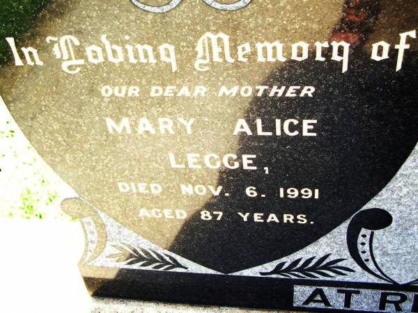 Mary Alice LEGGE,  | died 6 Nov 1991 aged 87 years;  | Charles William LEGGE,  | husband father,  | died 13 Aug 1960 aged 64 years;  | Bell cemetery, Wambo Shire  | 