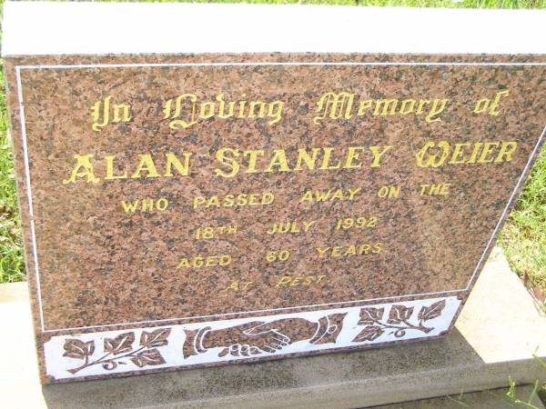 Alan Stanley WEIER,  | died 18 July 1992 aged 60 years;  | Bell cemetery, Wambo Shire  | 