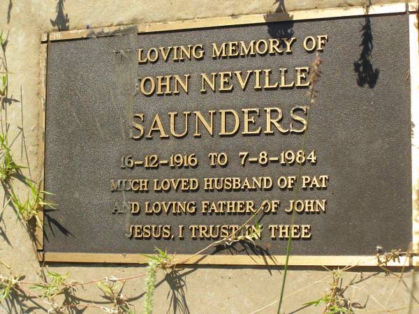 John Neville SAUNDERS,  | 16-12-1916 - 7-8-1984,  | husband of Pat,  | father of John;  | Bell cemetery, Wambo Shire  | 