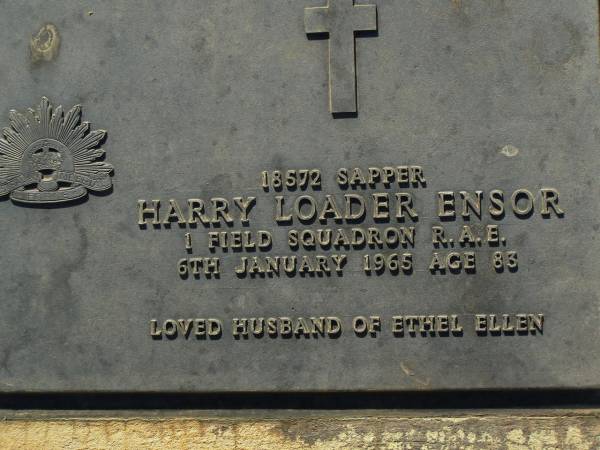 Ethel Ellen ENSOR (WEIR),  | 22-8-1886 - 12-7-1985;  | Harry Loader ENSOR,  | died 6 Jan 1965 aged 83 years,  | husband of Ethel Ellen;  | Bell cemetery, Wambo Shire  | 