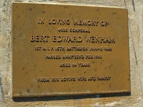 Bert Edward WENHAM,  | died 22 Feb 1982 aged 84 years,  | from wife & family;  | Bell cemetery, Wambo Shire  | 