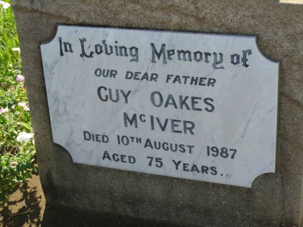 Guy Oakes MCIVER,  | father,  | died 10 Aug 1987 aged 75 years;  | Bell cemetery, Wambo Shire  | 