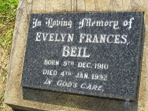Evelyn Frances BEIL,  | born 9 Dec 1910 died 4 Jan 1992;  | Bell cemetery, Wambo Shire  | 