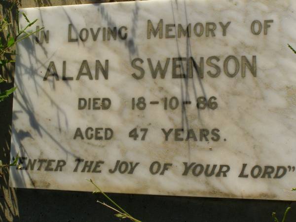 Alan SWENSON,  | died 18-10-86 aged 47 years;  | Bell cemetery, Wambo Shire  | 