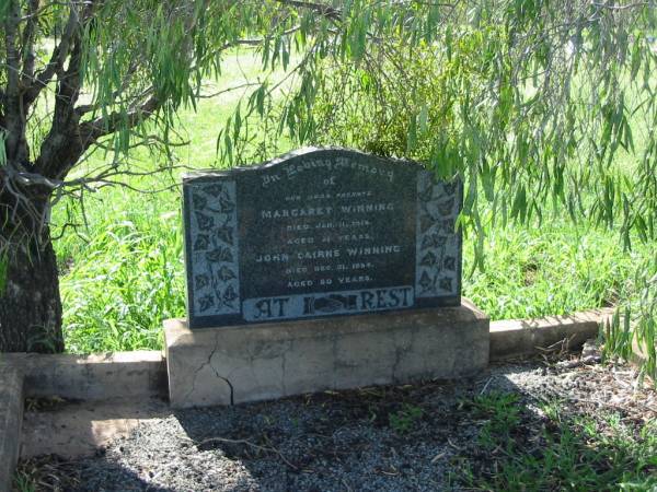 parents;  | Margaret WINNING,  | died 11 Jan 1916? aged 31 years;  | John Cairns WINNING,  | died 31 Dec 1954 aged 80 years;  | Bell cemetery, Wambo Shire  | 