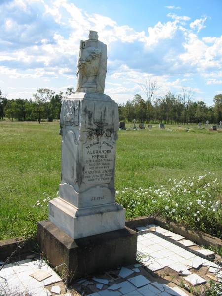 Alexander MCPHEE,  | died 24 Aug 1922 aged 66 years;  | Martha Jane,  | wife,  | died 11 June 1922 aged 62 years;  | Bell cemetery, Wambo Shire  | 