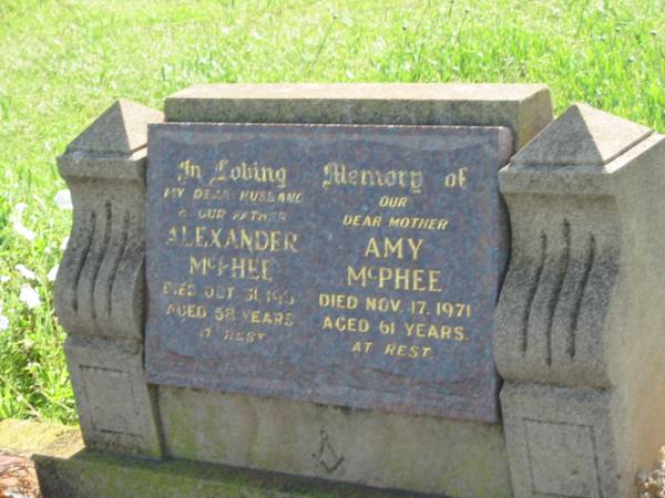 Alexander MCPHEE,  | husband father,  | died 31 Oct 1961 aged 58 years;  | Amy MCPHEE,  | mother,  | died 17 Nov 1971 aged 61 years;  | Bell cemetery, Wambo Shire  | 