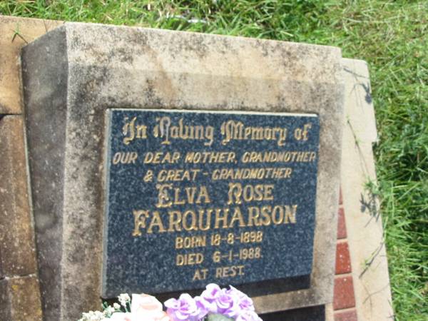 Elva Rose FARQUHARSON,  | mother grandmother great-grandmother,  | born 18-8-1898,  | died 6-1-1988;  | Bell cemetery, Wambo Shire  | 