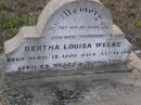 
Bertha Louisa WELKE, wife mother,
born 12 April 1880,
died 14 Jan 1910 aged 29 years 9 months;
Bergen Djuan cemetery, Crows Nest Shire
