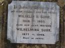 Wilhelm H. SUHR, husband father, 1866 - 1933; Wilhelmina SUHR, mother, 1877 - 1949; Bergen Djuan cemetery, Crows Nest Shire 