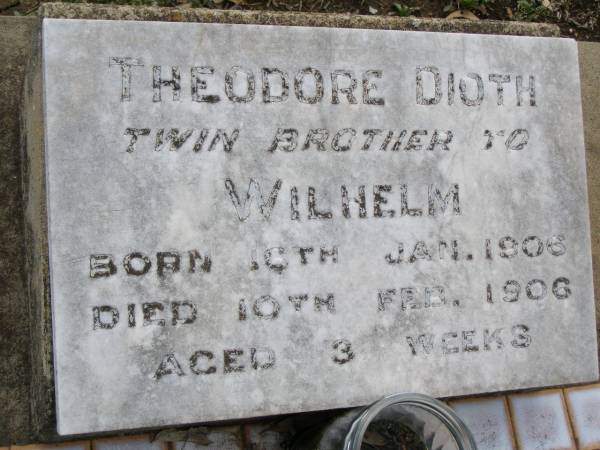 Theodore DIOTH,  | twin brother to Wilhelm,  | born 16 Jan 1906 died 10 Feb 1906 aged 3 weeks;  | Bergen Djuan cemetery, Crows Nest Shire  | 