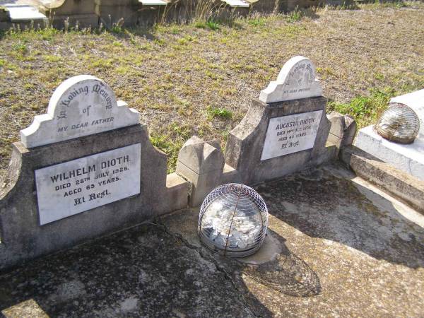 Wilhelm DIOTH,  | father,  | died 28 July 1928 aged 65 years;  | Augusta DIOTH,  | mother,  | died 14 Oct 1930 aged 60 years;  | Bergen Djuan cemetery, Crows Nest Shire  | 