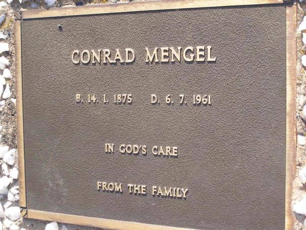 Conrad MENGEL,  | born 14-1-1875 died 6-7-1961;  | Bergen Djuan cemetery, Crows Nest Shire  | 
