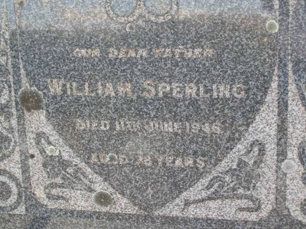 William SPERLING, father,  | died 11 June 1946 aged 78 years;  | Wilhelmine SPERLING, wife mother,  | died 20 June 1938 aged 69 years;  | Bergen Djuan cemetery, Crows Nest Shire  | 