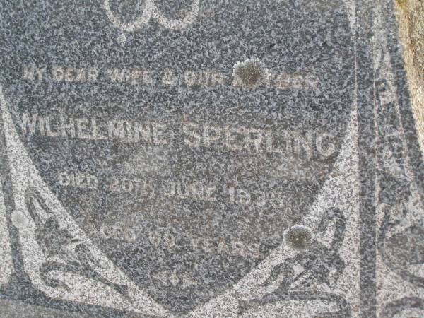 William SPERLING, father,  | died 11 June 1946 aged 78 years;  | Wilhelmine SPERLING, wife mother,  | died 20 June 1938 aged 69 years;  | Bergen Djuan cemetery, Crows Nest Shire  | 