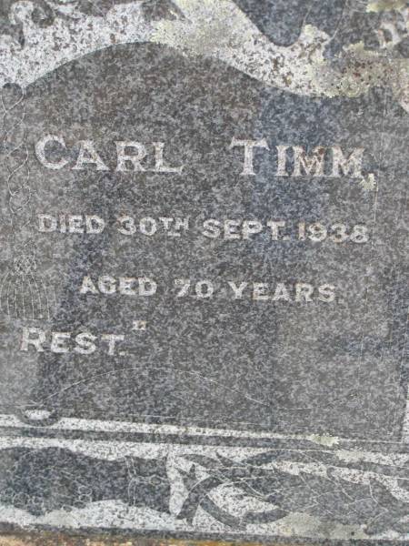 Elizabeth TIMM,  | died 14 Nov 1947 aged 76 years;  | Carl TIMM,  | died 30 Sept 1938 aged 70 years;  | Bergen Djuan cemetery, Crows Nest Shire  | 