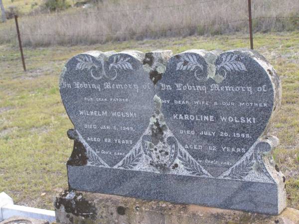 Wilhelm WOLSKI, father,  | died 8 Jan 1949 aged 82 years;  | Karoline WOLSKI, wife mother,  | died 20 July 1948 aged 82 years;  | Bergen Djuan cemetery, Crows Nest Shire  | 