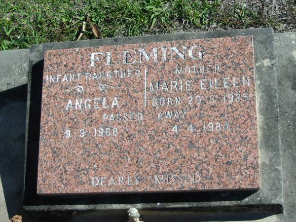 (infant daughter) Angela FLEMING  | 9 Sep 1968  |   | (mother) Marie Eileen FLEMING  | B: 29 Mar 1925  | D: 4 Apr 1981  |   | Bethania Lutheran Church, Bethania, Gold Coast  | 