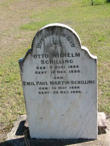 Otto Wilhelm SCHILLING  | geb 9 Juni 1884  | gest 12 Dec 1886  |   | Emil Paul Martin SCHILLING  | geb  16 May 1886  | gest 20 Dec 1886  |   | Bethania (Lutheran) Bethania, Gold Coast  | 