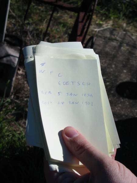 W F C GOETSCH  | geb 5 Jan 1834  | gest 28 Jan 1901  |   | Bethania (Lutheran) Bethania, Gold Coast  | 