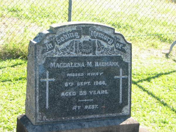 Magdalena M BAUMANN  | 6 Sep 1966  | aged 89  |   | Bethania (Lutheran) Bethania, Gold Coast  | 