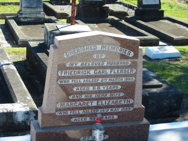 Friedrick Carl FLESSER  | 8 Mar 1960  | aged 68  |   | wife  | Margaret Elizabeth  | 14 May 1989  | aged 99  |   | Bethania (Lutheran) Bethania, Gold Coast  | 