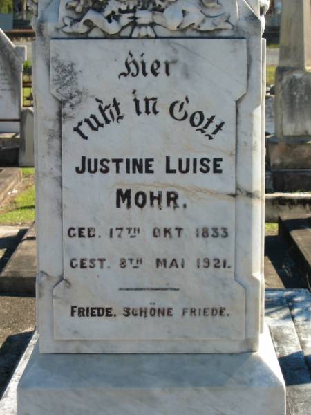 Justine Luise MOHR  | geb 17 Okt 1833  | gest 8 Mai 1921  |   | Bethania (Lutheran) Bethania, Gold Coast  | 