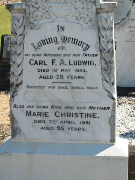 Carl F A LUDWIG  | 10 May 1924  | aged 78  |   | wife  | Marie Christine (LUDWIG)  | 7 Apr 1951  | aged 95  |   | Bethania (Lutheran) Bethania, Gold Coast  | 
