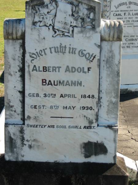 Albert Adolf BAUMANN  | geb 30 Apr 1848  | gest 8 May 1930  |   | Bethania (Lutheran) Bethania, Gold Coast  | 