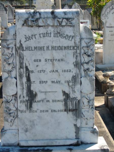 Wilhelmine H HEIDENREICH  | (geb STEFFAN)  | geb  12 Jan 1852  | gest 23 May 1931  |   | Bethania (Lutheran) Bethania, Gold Coast  | 