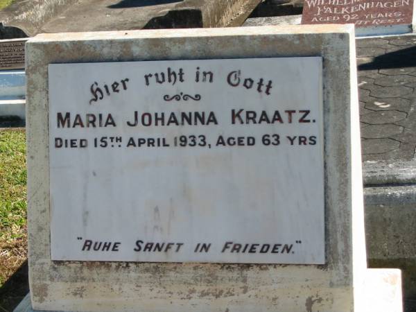 Maria Johanna KRAATZ  | 15 Apr 1933  | aged 63  |   | Bethania (Lutheran) Bethania, Gold Coast  | 
