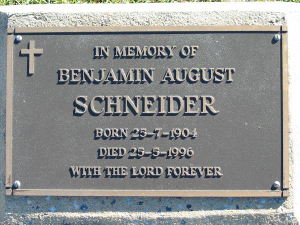 Benjamin August SCHNEIDER  | B: 25 Jul 1904  | D: 25 May 1996  |   | Bethania (Lutheran) Bethania, Gold Coast  | 