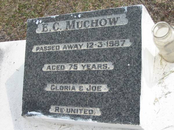 E G MUCHOW  | 12 Mar 1987  | aged 75  | Gloria and Joe  | re-united  |   | Bethel Lutheran Cemetery, Logan Reserve (Logan City)  |   | 