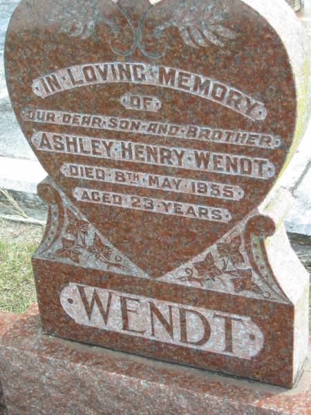 Ashley Henry WENDT  | 8 May 1955  | aged 23  |   | Bethel Lutheran Cemetery, Logan Reserve (Logan City)  |   | 