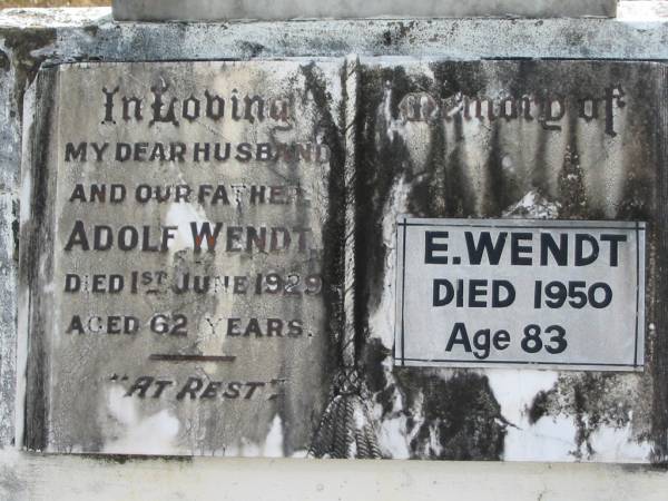 Adolf WENDT  | 1 Jun 1929  | aged 62  |   | E WENDT  | died 1950  | aged 83  |   | Bethel Lutheran Cemetery, Logan Reserve (Logan City)  |   | 