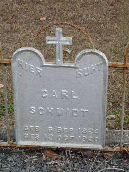 Carl SCHMIDT  | geb  6 Sep 1824  | ges 12 Oct 1920  |   | Bethel Lutheran Cemetery, Logan Reserve (Logan City)  |   | 