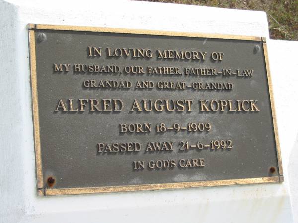 Alfred August KOPLICK  | B: 18 Sep 1909  | D: 21 Jun 1992  |   | Bethel Lutheran Cemetery, Logan Reserve (Logan City)  |   | 