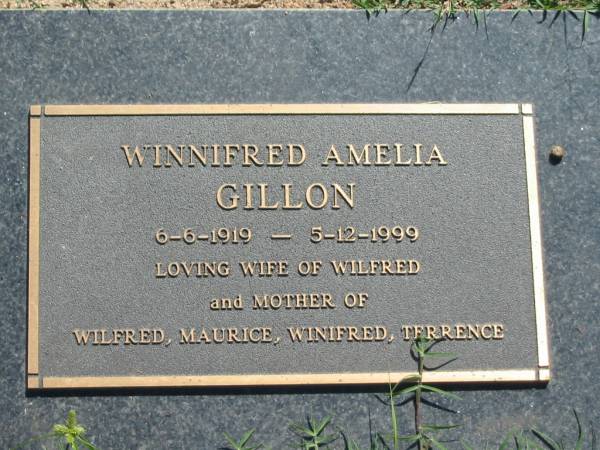 Winnifred Amelia GILLON,  | 6-6-1919 - 5-12-1999,  | wife of Wilfred,  | mother of Wilfred, Maurice, Winifred & Terrence;  | Blackbutt-Benarkin cemetery, South Burnett Region  | 