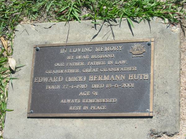 Edward (Mick) Hermann HUTH,  | husband father father-in-law grandfather great-grandfather,  | born 27-1-1910,  | died 18-6-2001 aged 91 years;  | Edman (Edna) My HUTH (nee BILSON),  | mother mother-in-law grandmother great-grandmother,  | born 04-04-1914,  | died 03-11-2008 aged 94 years;  | Blackbutt-Benarkin cemetery, South Burnett Region  | 